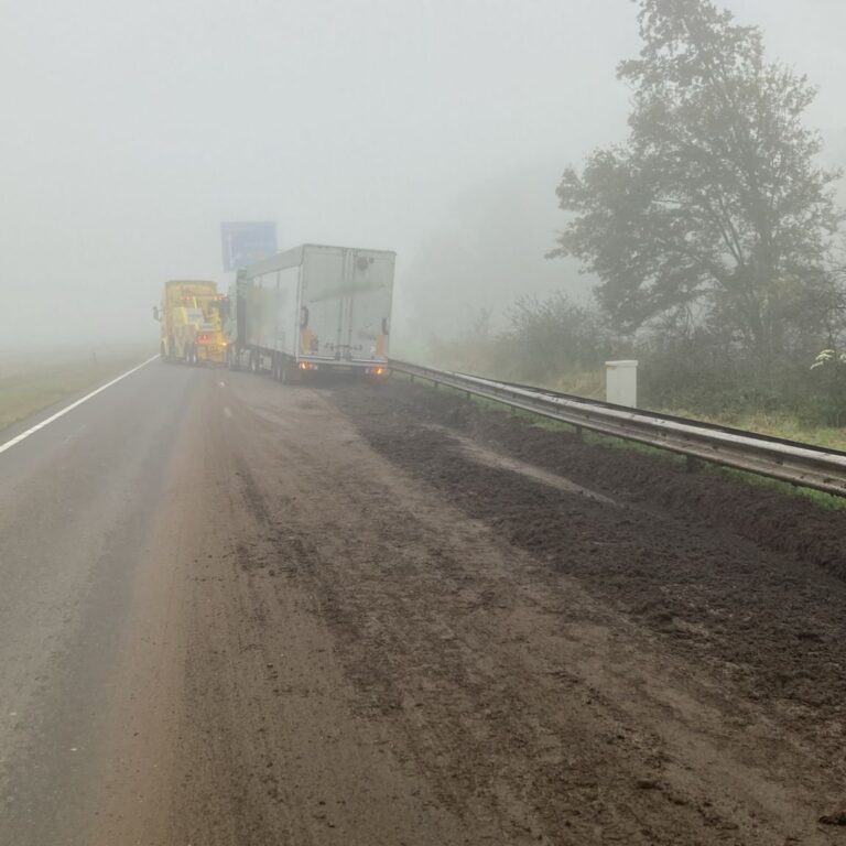 Vrachtwagen op de A15 vast in de berm