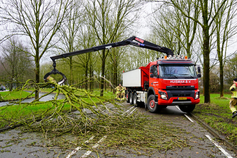 Toevallig passerende vrachtwagenchauffeur haalt omgevallen boom van de weg