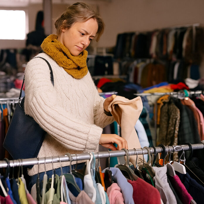 Vrouw in tweedehandskledingwinkel
