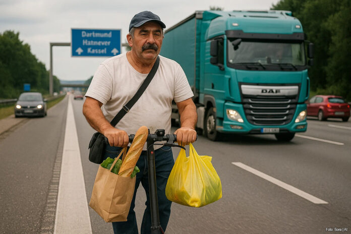 Vrachtwagenchauffeur op e-step op de Snelweg
