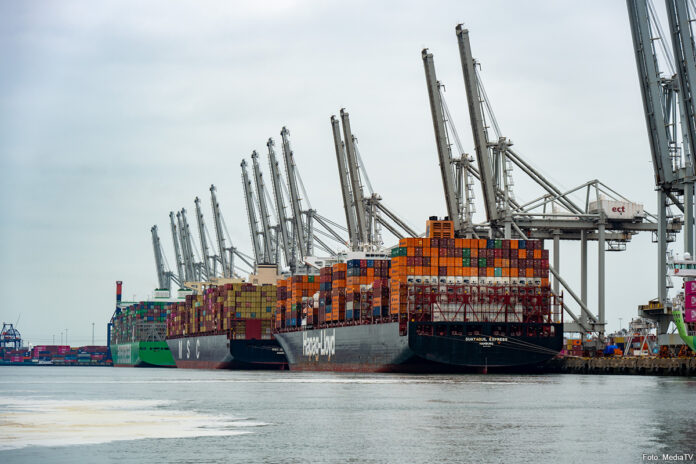 De kranen bij containeroverslag ECT op de Maasvlakte staan allemaal omhoog door de staking van de sjorders.