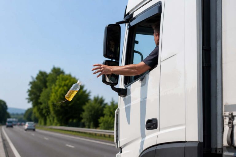 Vrachtwagenchauffeur krijgt boete van 200 euro na weggooien fles met urine uit cabine