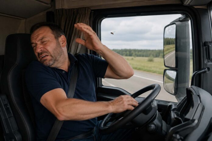Vrachtwagenchauffeur schrikt van bij in de cabine